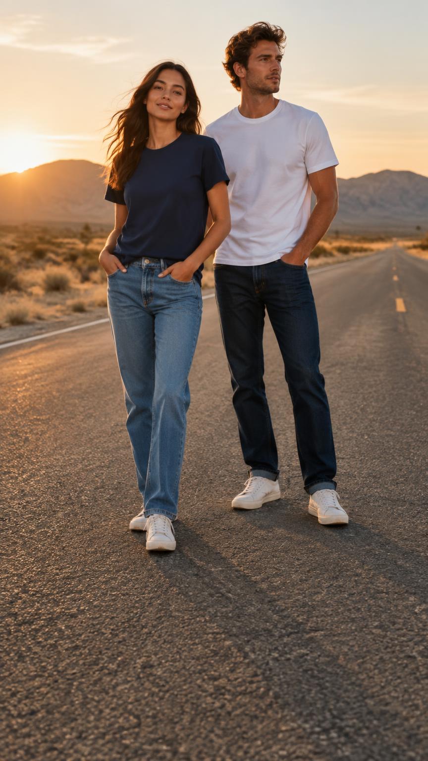 Friends wearing FiftyShirts tees on a hometown street at sunset